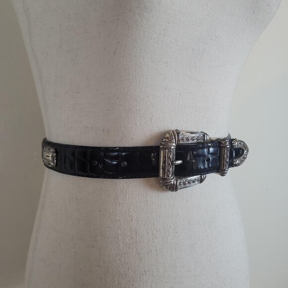 Black Leather Belt Small Western Silver Buckle Croc Embossed Cowgirl Concho Boho - Picture 2 of 8